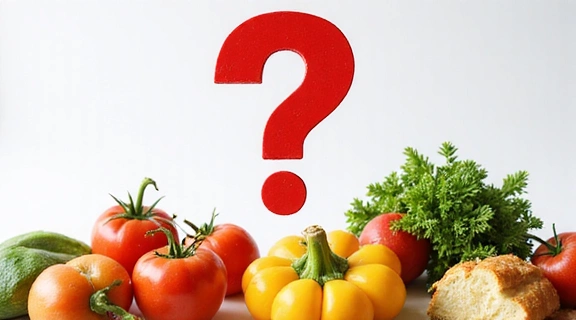 Σύμβολο ερωτηματικού πάνω από διάφορα τρόφιμα, υποδηλώνοντας διατροφικούς μύθους.